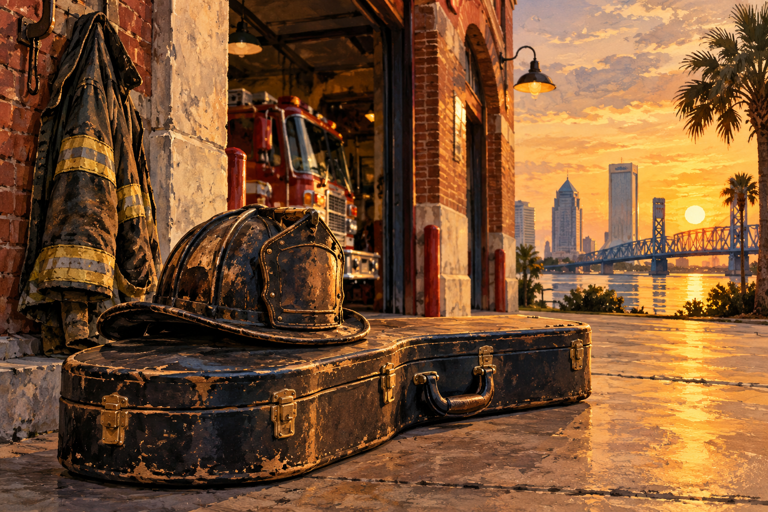 A painterly illustration of a firefighter's helmet resting on a vintage guitar case outside a red-brick Jacksonville firehouse at sunset, with the Jacksonville skyline and a bridge visible across the river in the background.
