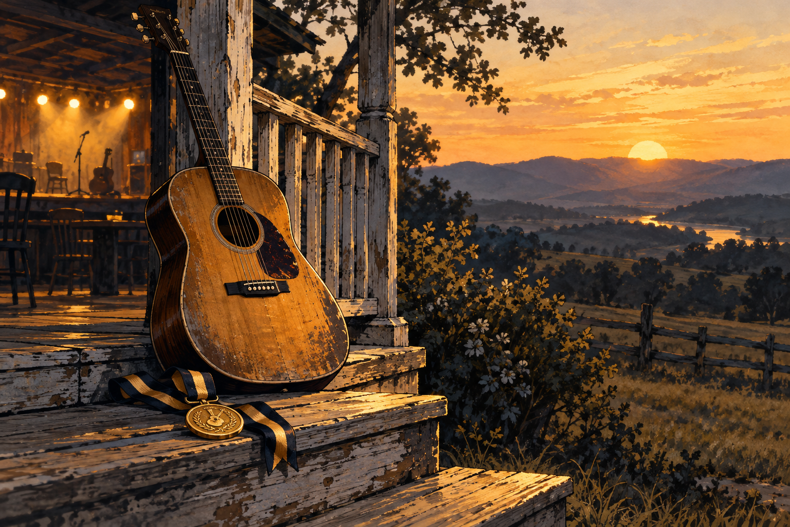 Painterly illustration of a weathered acoustic guitar and a gold medallion on a striped ribbon resting on an old porch step at sunset, a dim honky-tonk stage glowing faintly in the background, with the Tennessee hills silhouetted in the distance